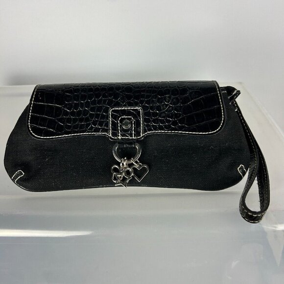 Tommy Hilfiger Wristlet Purse Clutch Black Alligator Embossed Leather Charms - Picture 1 of 9